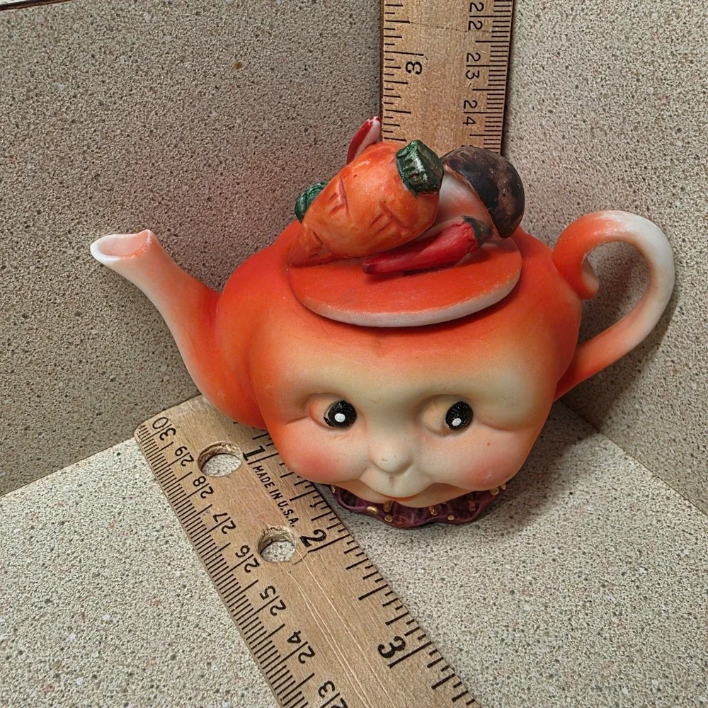 Small Orange Anthropomorphic Teapot Vegetable Face Kitsch Novelty Decor